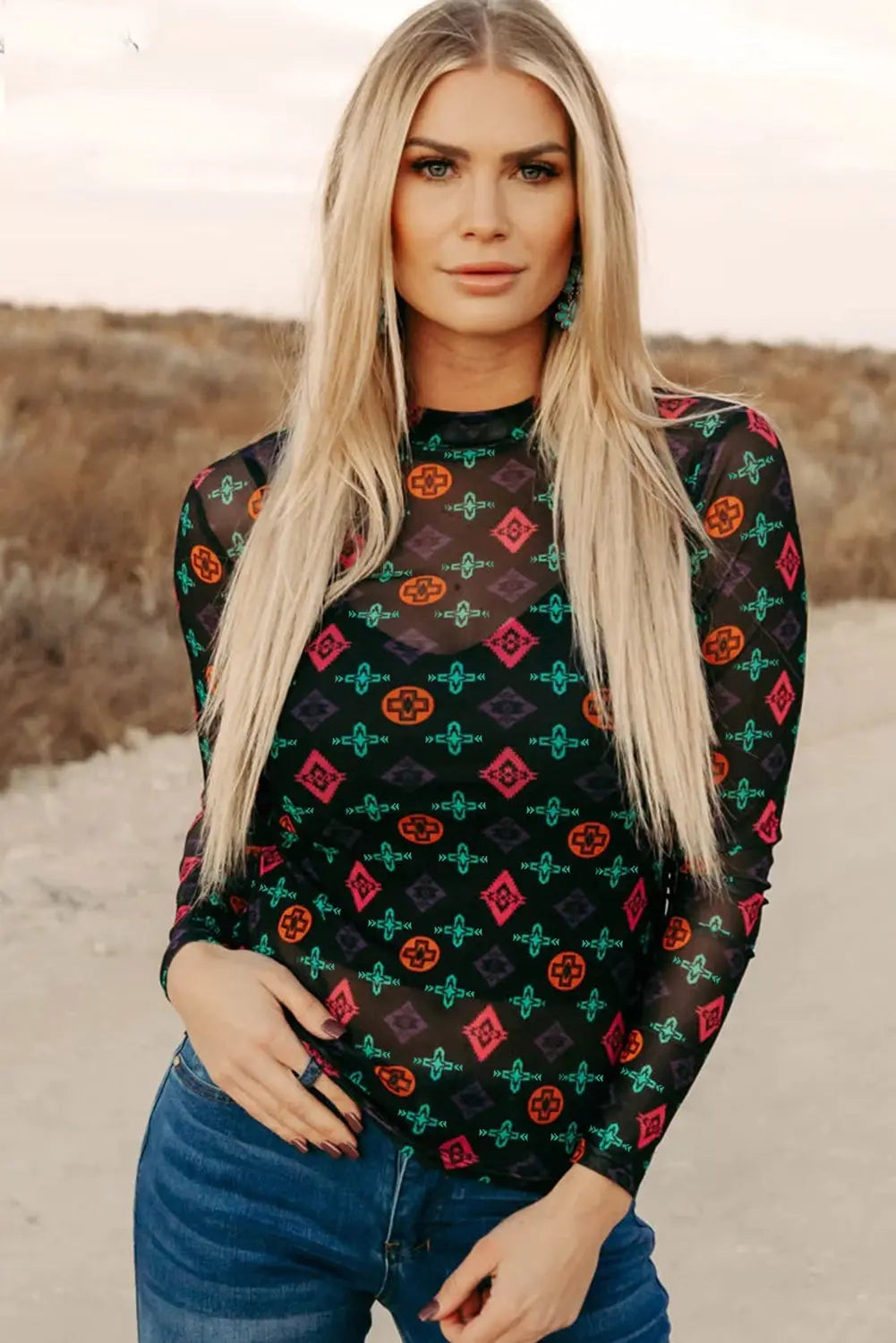 Black Western Aztec Printed Long Sleeve Mesh Top Dear-Lover Dropshipping
