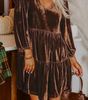 Chicory Coffee Solid Color Velvet V Neck Long Sleeve Tiered Mini Dress Dear-Lover Dropshipping
