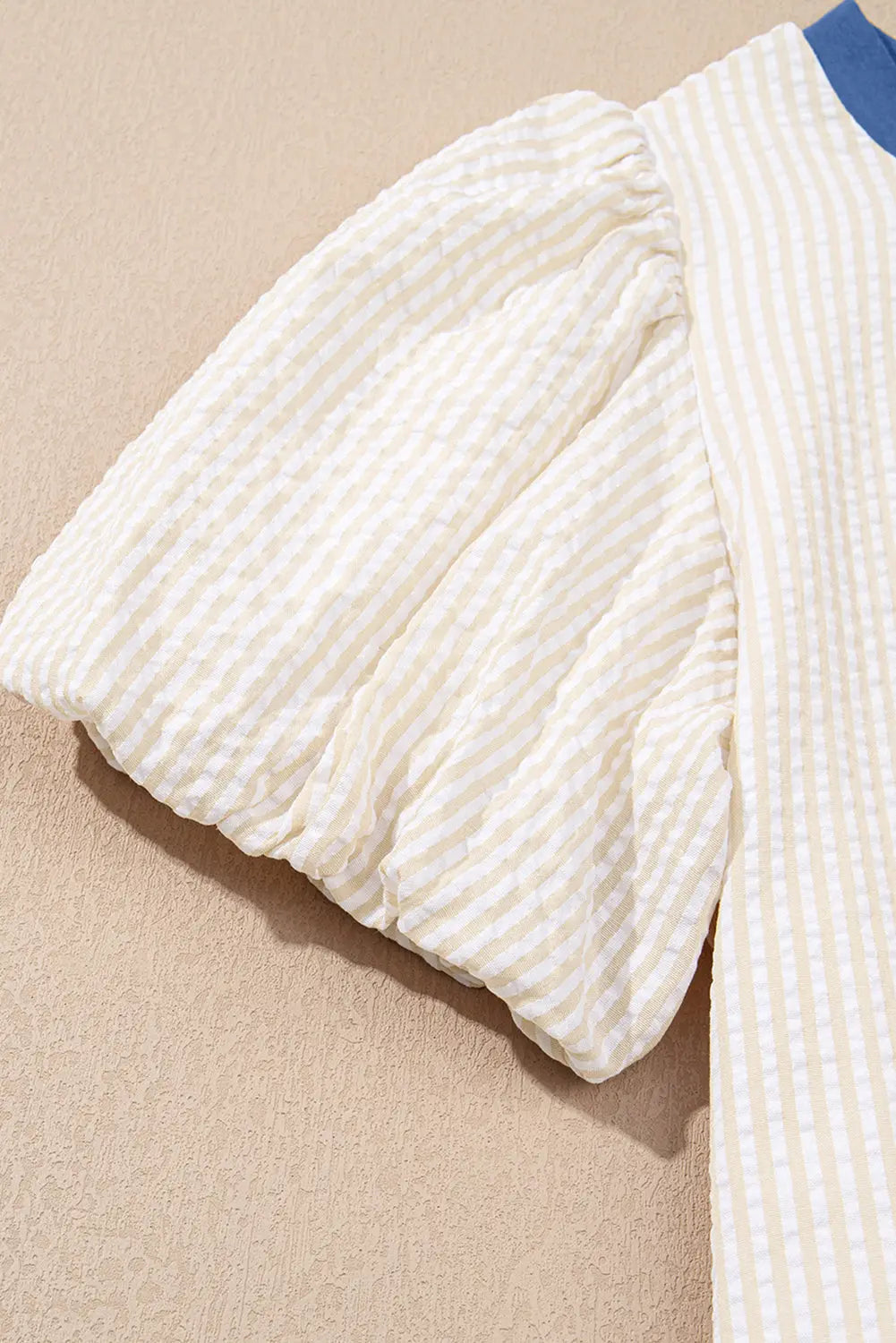 Beige Stripe Seersucker Contrast Round Neck Puff Sleeve T Shirt Dress Markonline