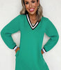 Mint Green Varsity Contrast Striped V Neck Long Sleeve T Shirt Dress with Pockets Markonline