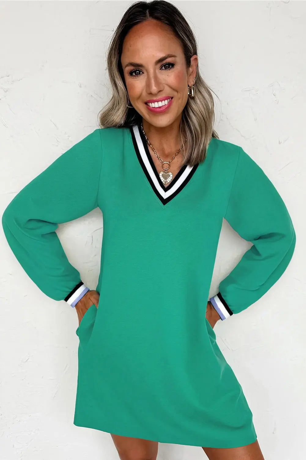 Mint Green Varsity Contrast Striped V Neck Long Sleeve T Shirt Dress with Pockets Markonline