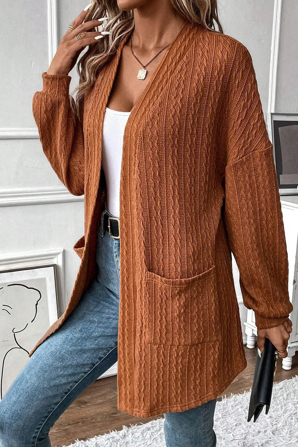 Chestnut Textured Knit Side Pockets Open Front Cardigan Dear-Lover Dropshipping