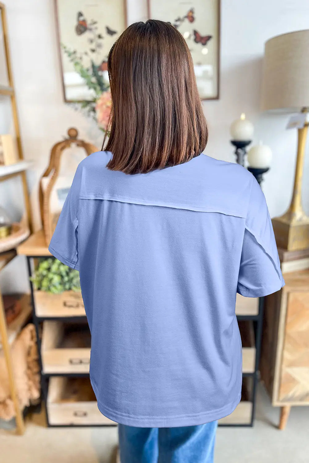 Sky Blue Flower Patched Exposed Stitching Trim Crew Neck Loose Tee Markonline