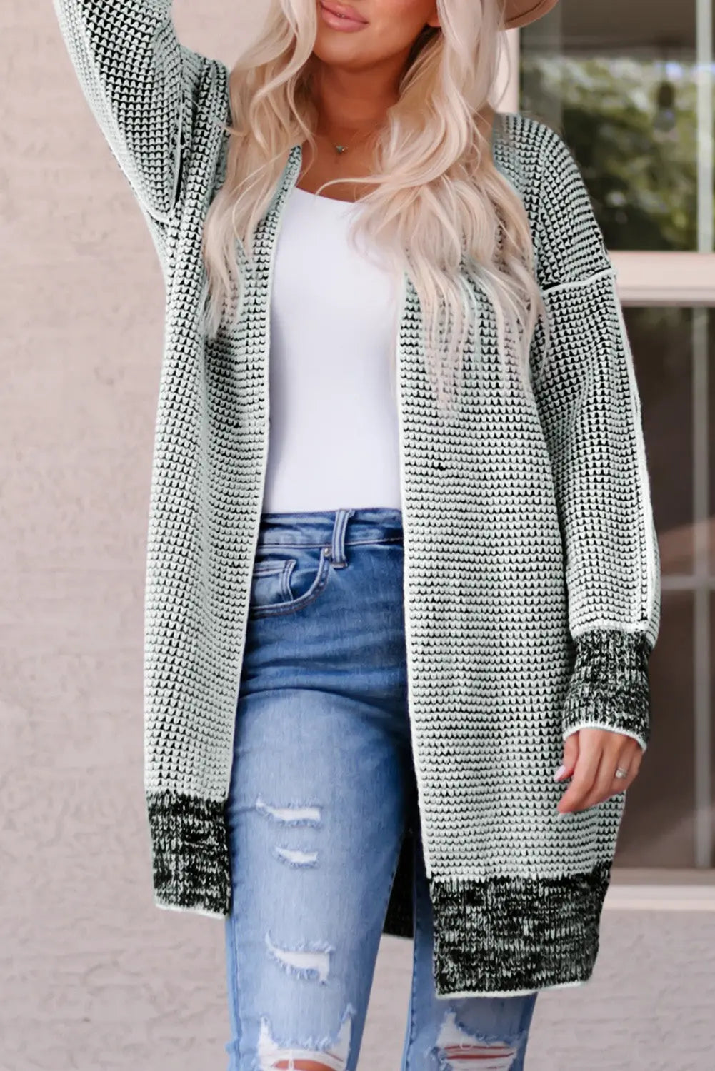 Gray Plaid Knitted Long Open Front Cardigan Dear-Lover Dropshipping