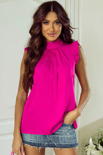 Bright Pink Pleated Mock Neck Frilled Trim Sleeveless Top Markonline