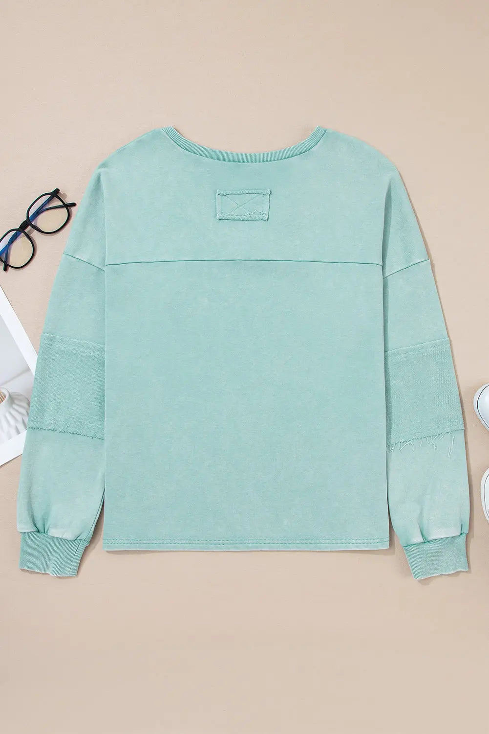 Mist Blue Mineral Wash Exposed Seam Buttoned V Neck Pullover Top Markonline