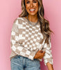 Khaki Checkered Print Drop Shoulder Round Neck Sweater Dear-Lover Dropshipping