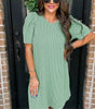 Mint Green Corded Knit Crew Neck Puff Sleeve Shift Mini Dress Markonline