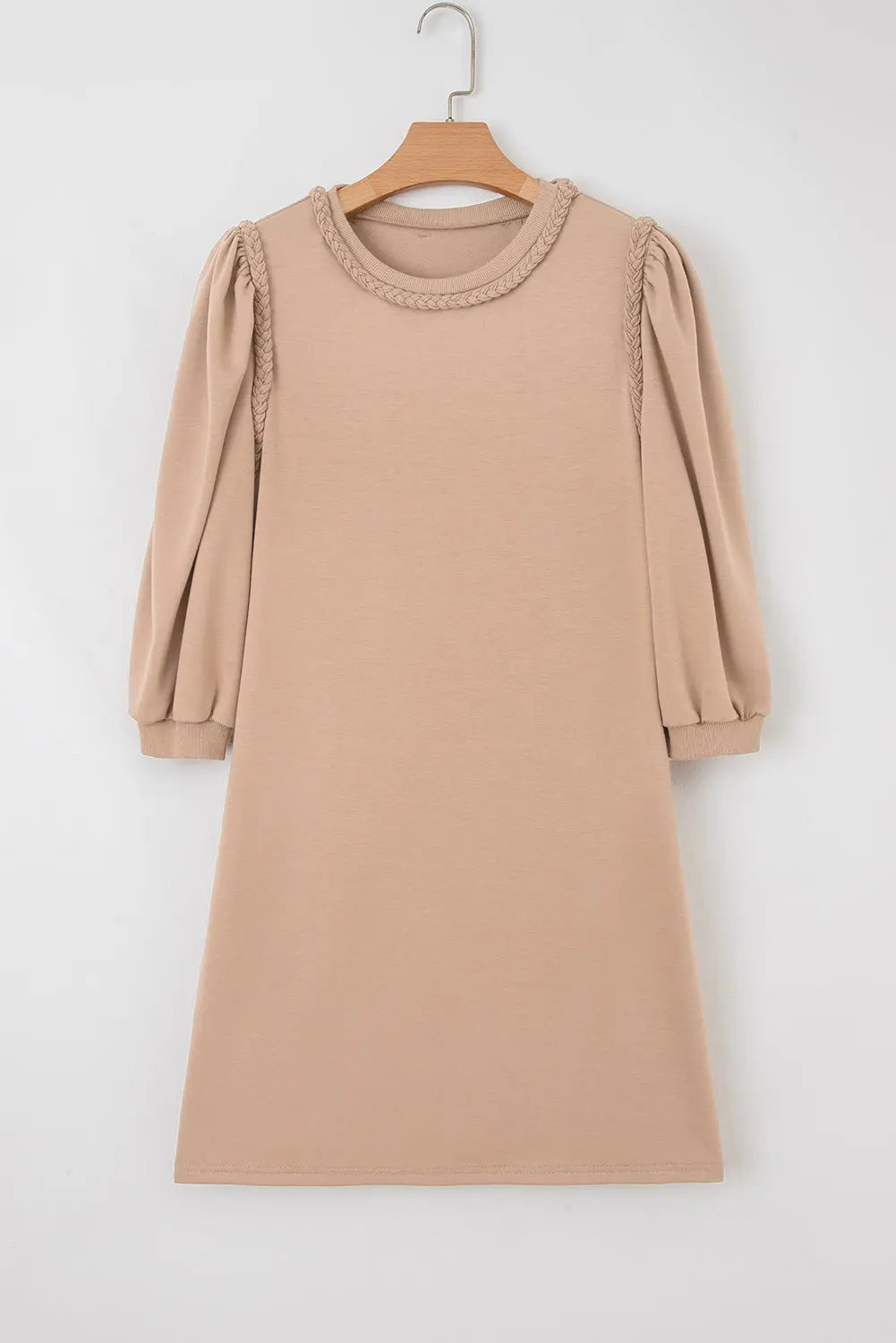 Light French Beige Braided Trim Puff Sleeve Dress Markonline