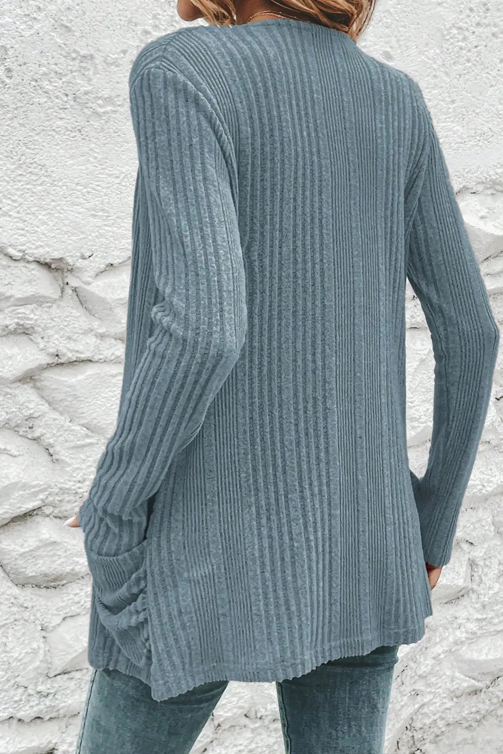 Stone Blue Ribbed Open Front Knitted Top with Pockets Dear-Lover Dropshipping
