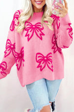 Pink Bow Pattern Drop Shoulder Loose Sweater Dear-Lover Dropshipping