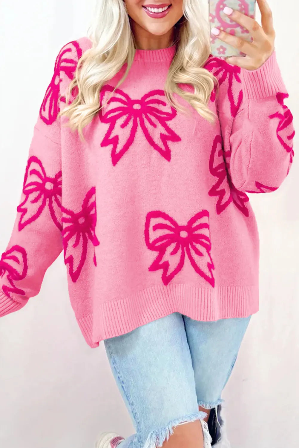Pink Bow Pattern Drop Shoulder Loose Sweater Dear-Lover Dropshipping