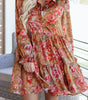 Brown Vintage Floral Print Shirt Style Half Button Long Sleeve Ruffle Mini Dress Markonline