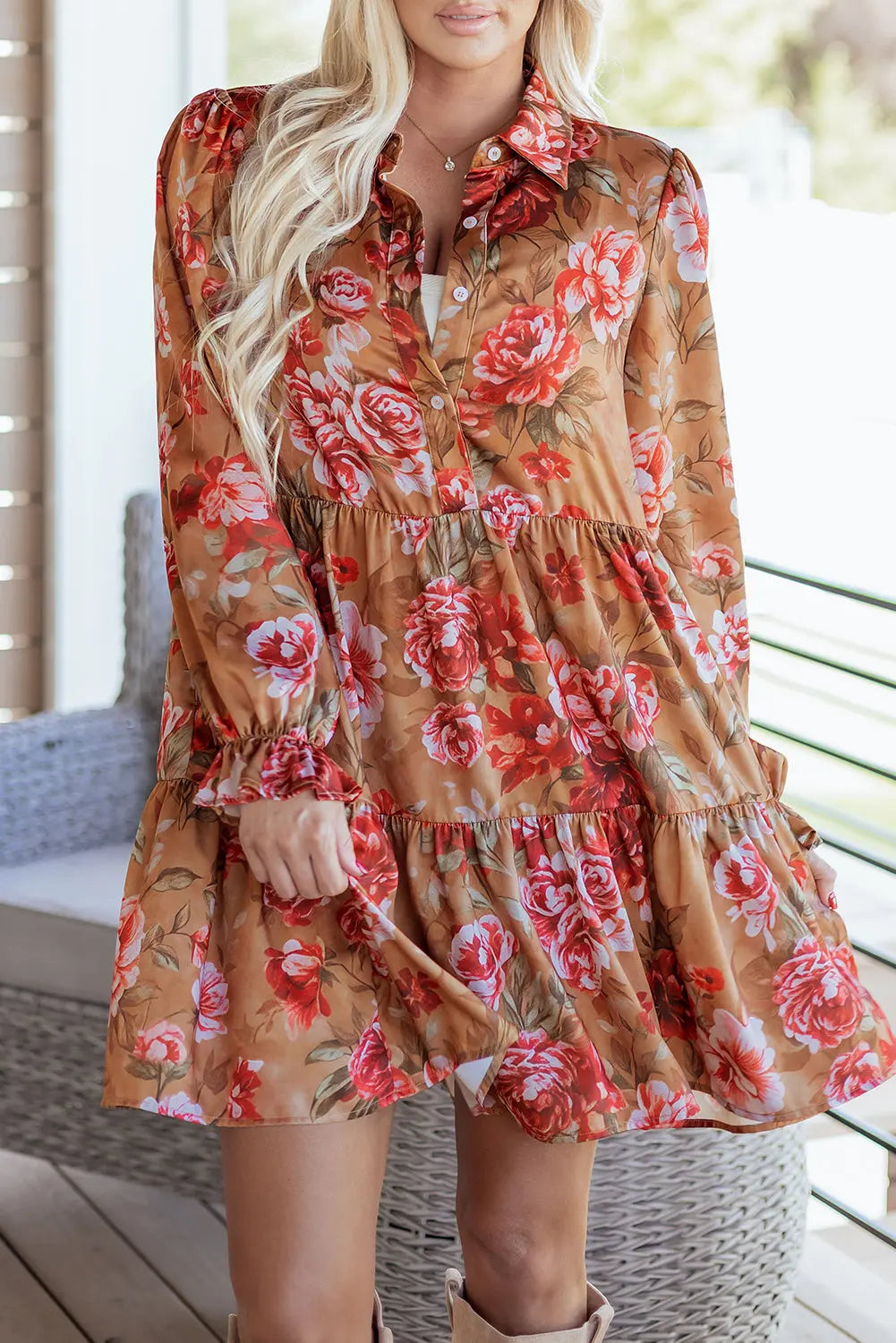 Brown Vintage Floral Print Shirt Style Half Button Long Sleeve Ruffle Mini Dress Markonline