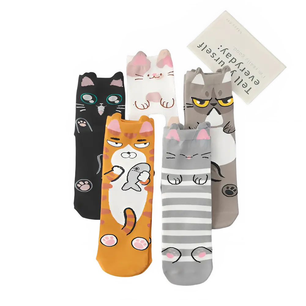 5 Pairs/Lot Women's Fashion Cartoon Socks Japanese Lovely Cat Crew Socks Breathable Student Socks For Ladies