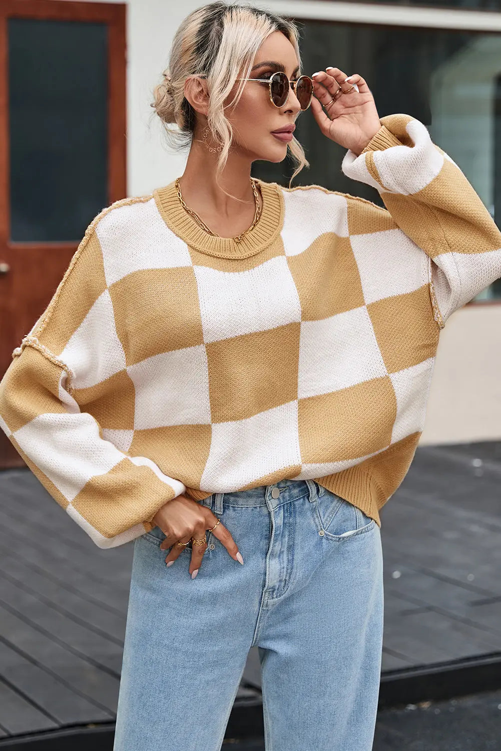 Khaki Checkered Bishop Sleeve Sweater Dear-Lover Dropshipping