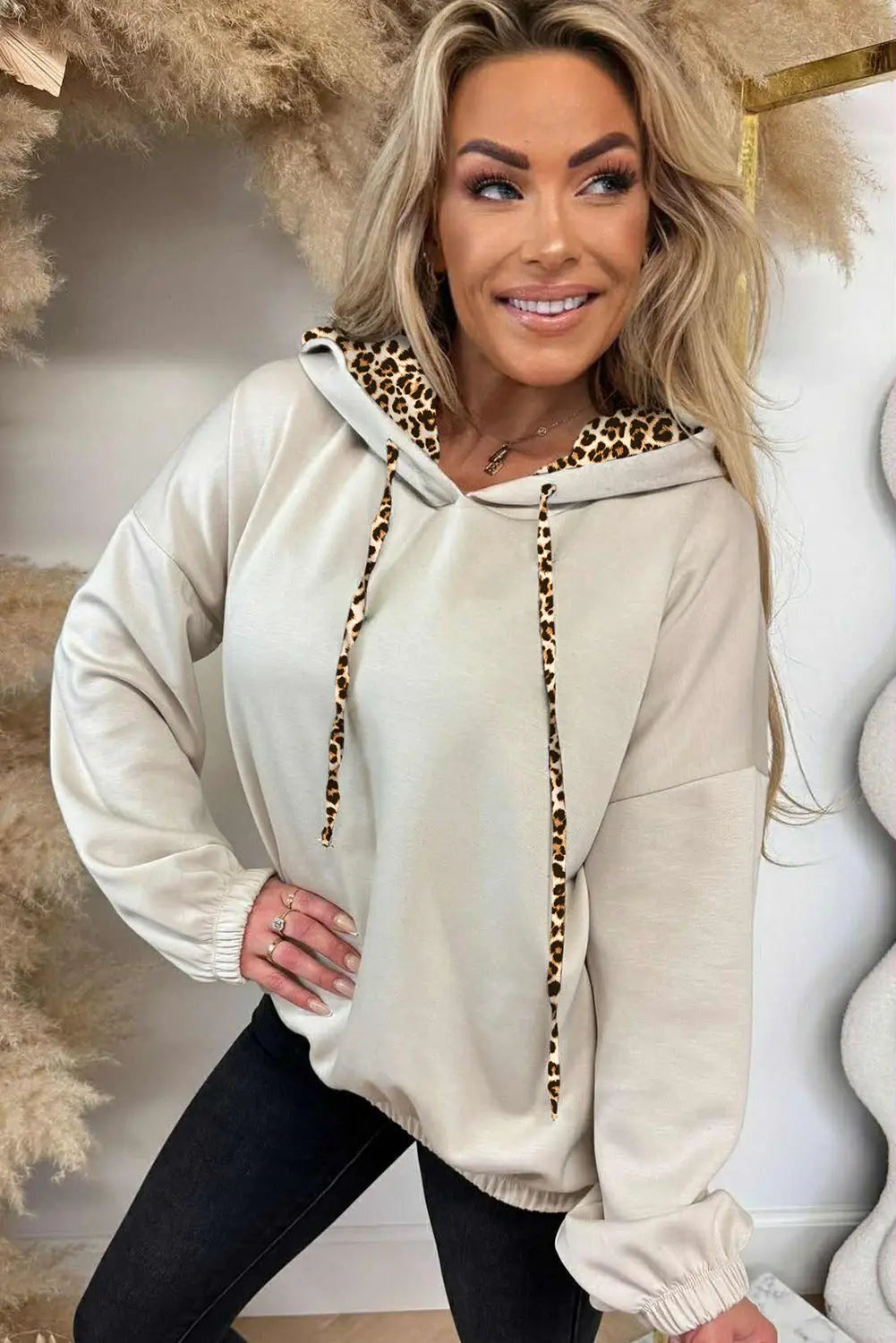 Jet Stream Leopard Contrast Drawstring Hood Drop Shoulder Loose Top Dear-Lover Dropshipping