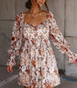 White Floral Print Sweetheart Neck Long Sleeve High Waist Mini Dress Markonline
