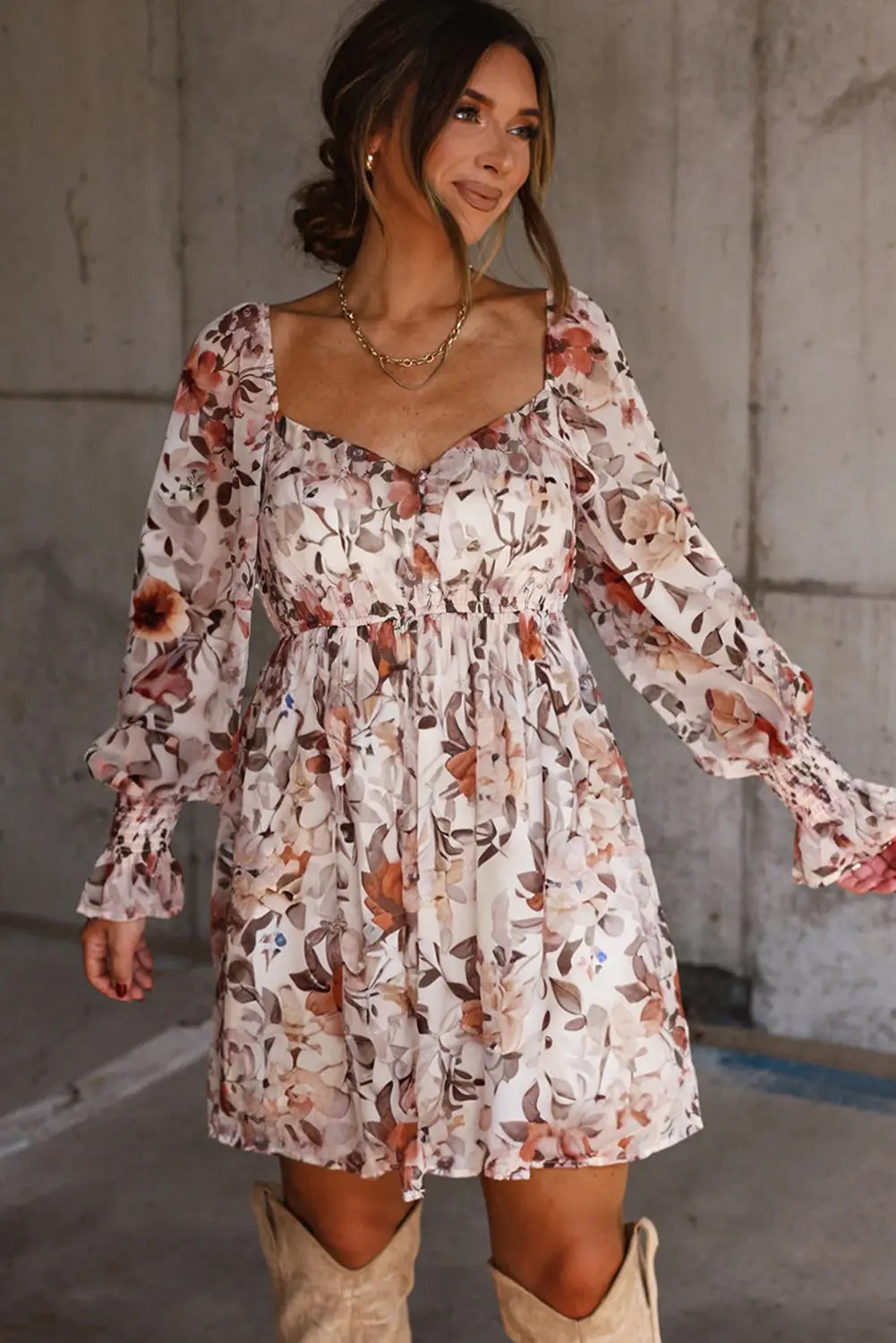 White Floral Print Sweetheart Neck Long Sleeve High Waist Mini Dress Markonline