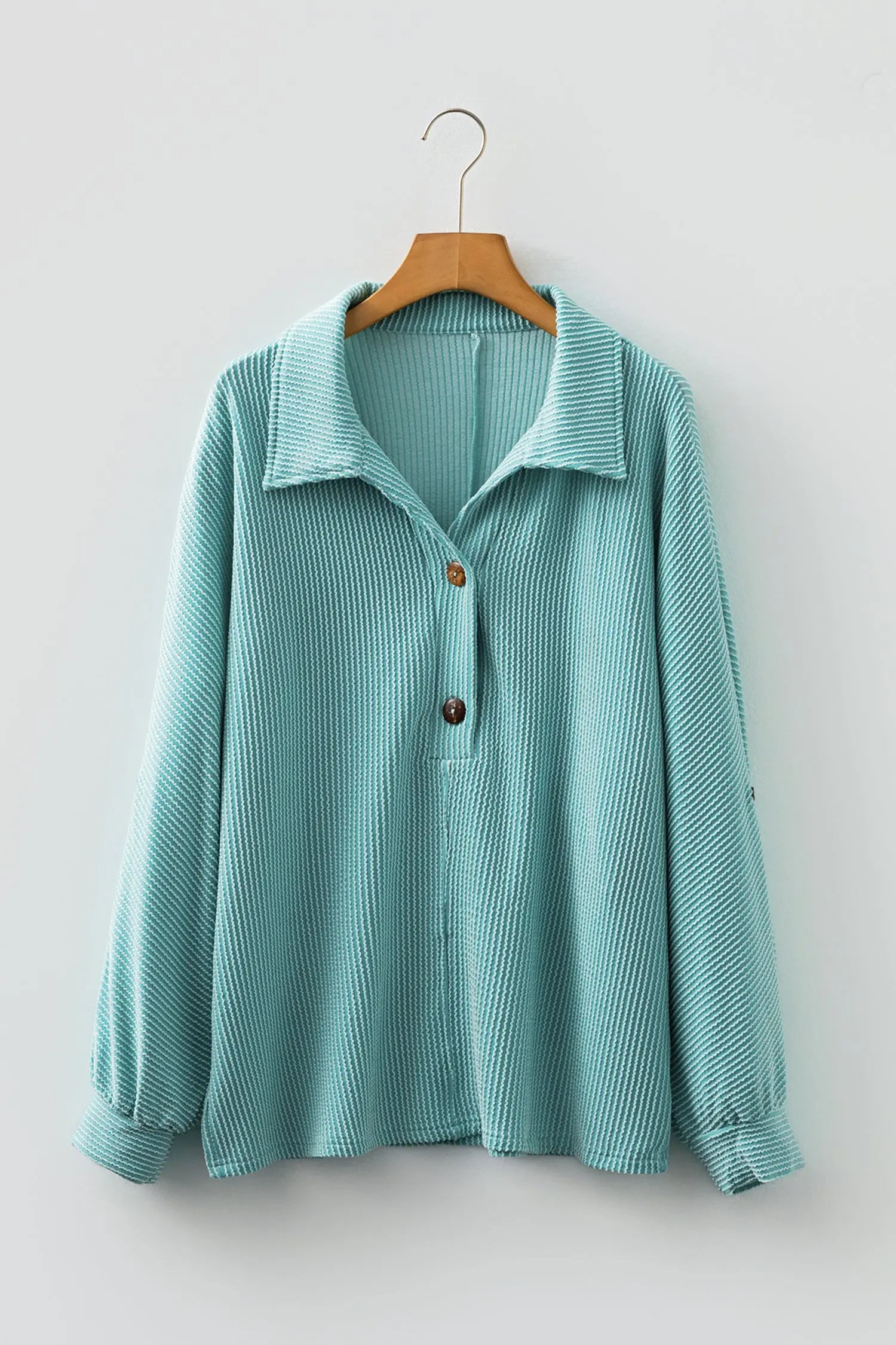 Light Blue Oversized Twist Ribbed Collared Henley Top with Roll up Sleeve Markonline