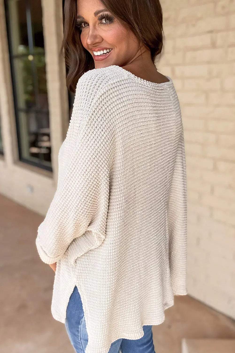 White Waffle Knit Side Slits Loose Fit V Neck Top Dear-Lover Dropshipping