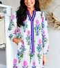 White Floral Print Contrast Striped Trim Notched Neck Long Sleeve Dress Markonline