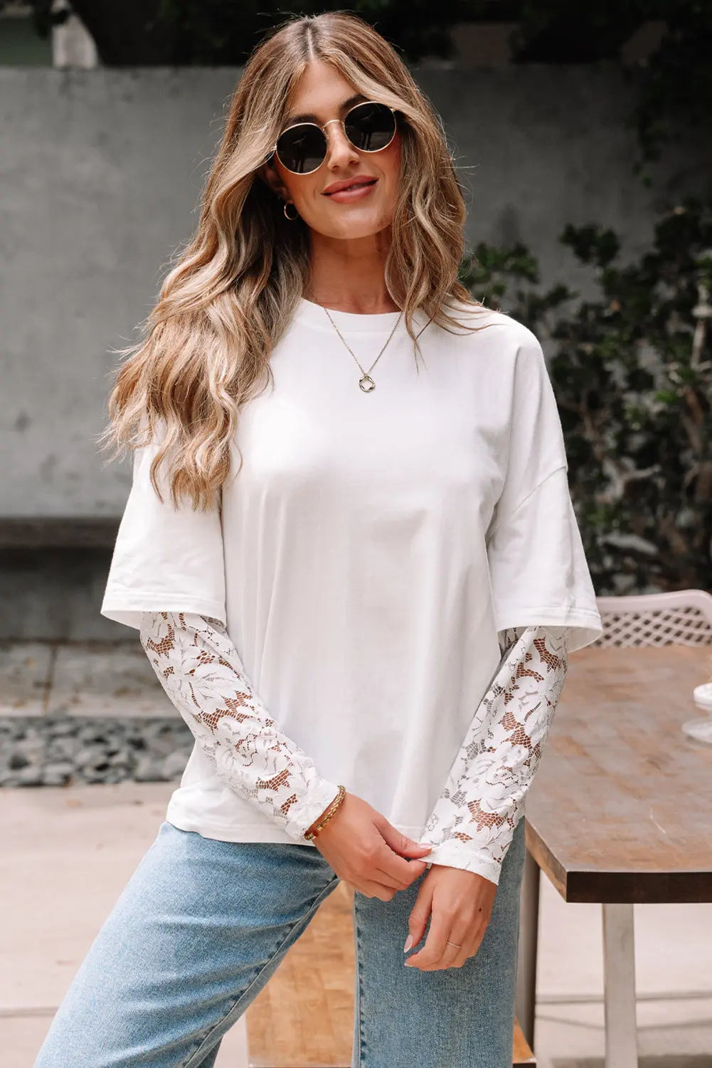 White Lace Long Sleeve Insert Drop Shoulder Tee Markonline