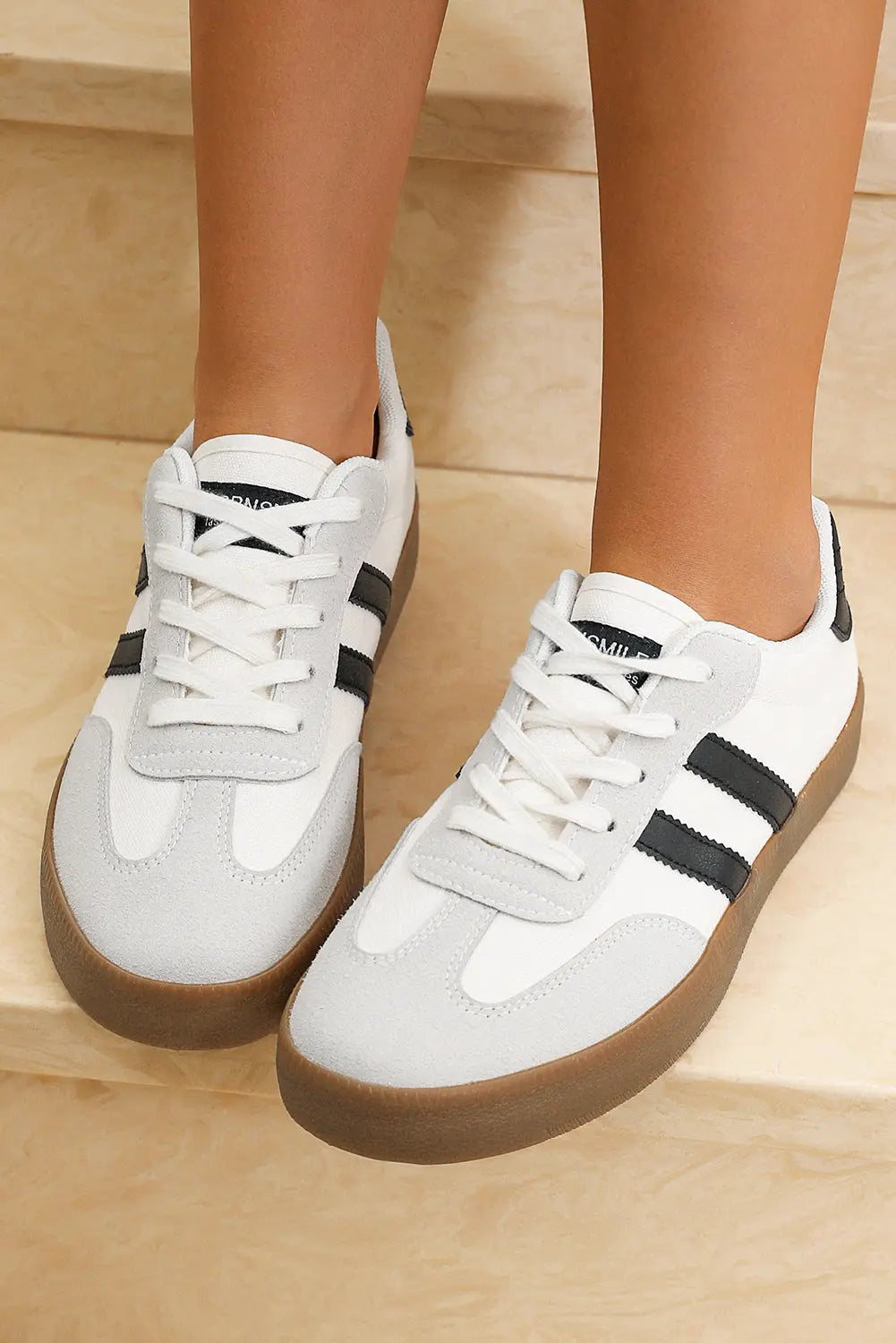White Striped Lace-up Flat Sneakers Markonline