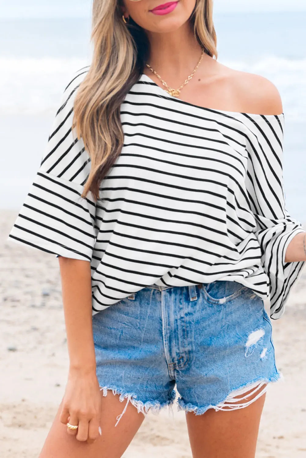 Black Stripe Half Sleeve Scoop Neck Loose Top Markonline