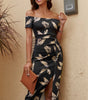 Black Pattern Print Off Shoulder Slit Bodycon Midi Dress Markonline