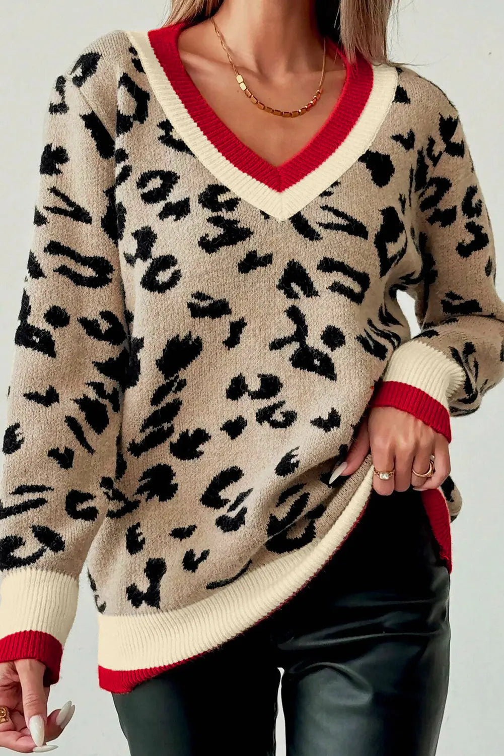 Khaki Leopard Pattern V-Neck Contrast Rib Knitted Sweater Dear-Lover Dropshipping