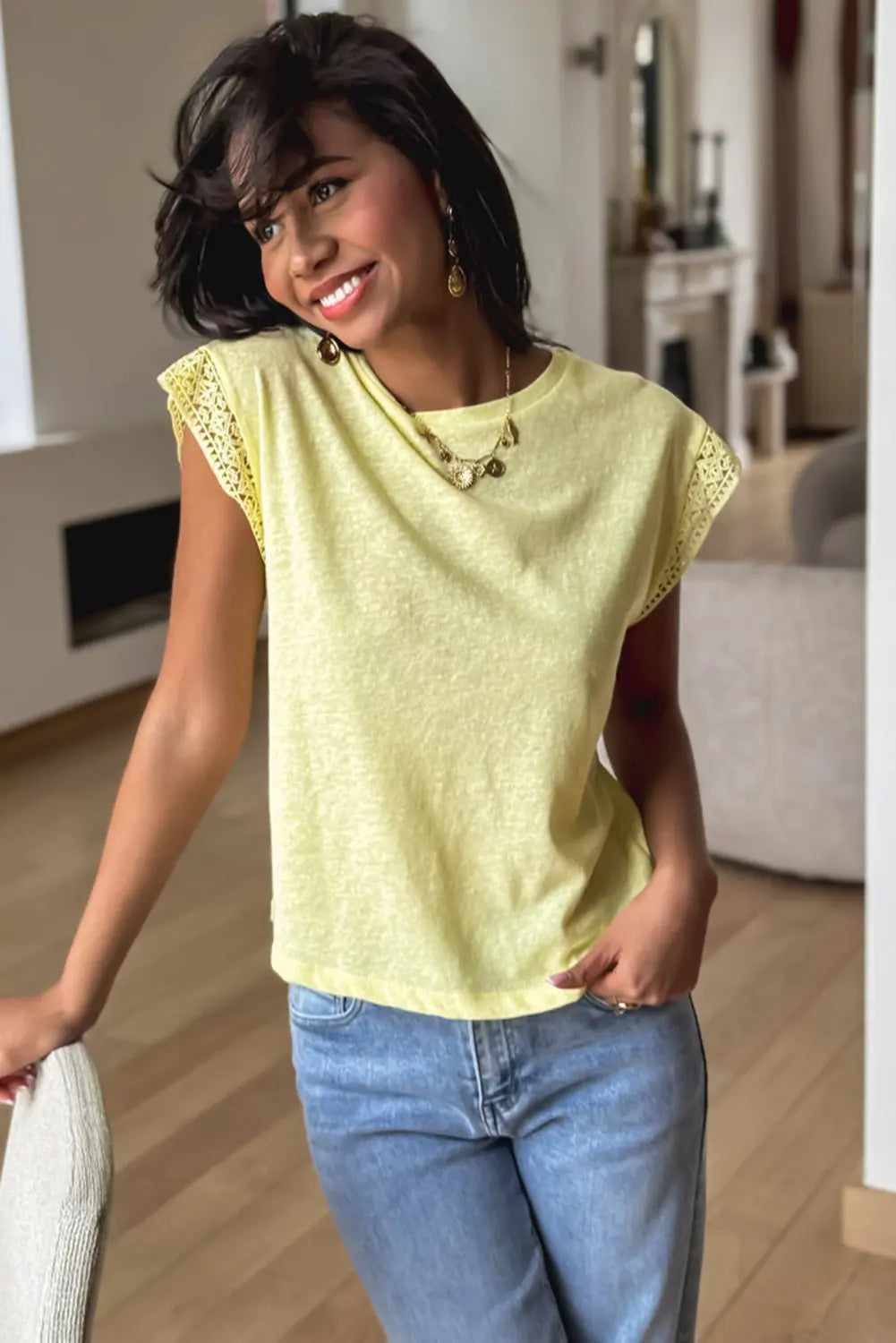 Yellow Cream Lace Patchwork Cap Sleeve Round Neck T Shirt Markonline