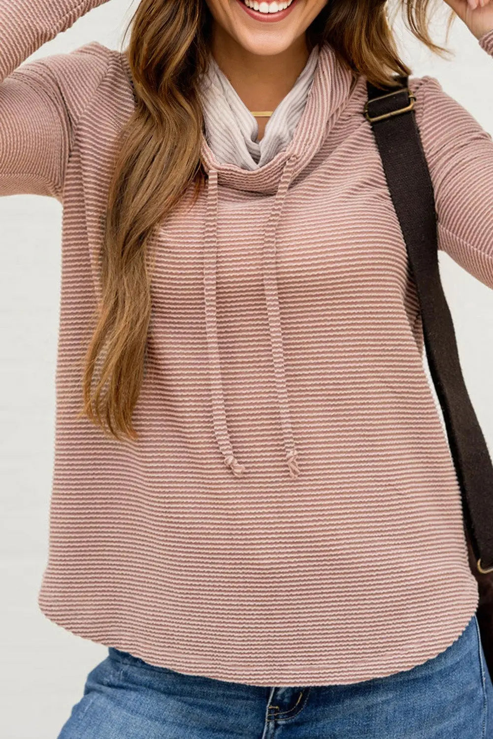 Pale Chestnut Horizontal Twist Ribbed Drawstring Cowl Neck Knit Top Markonline
