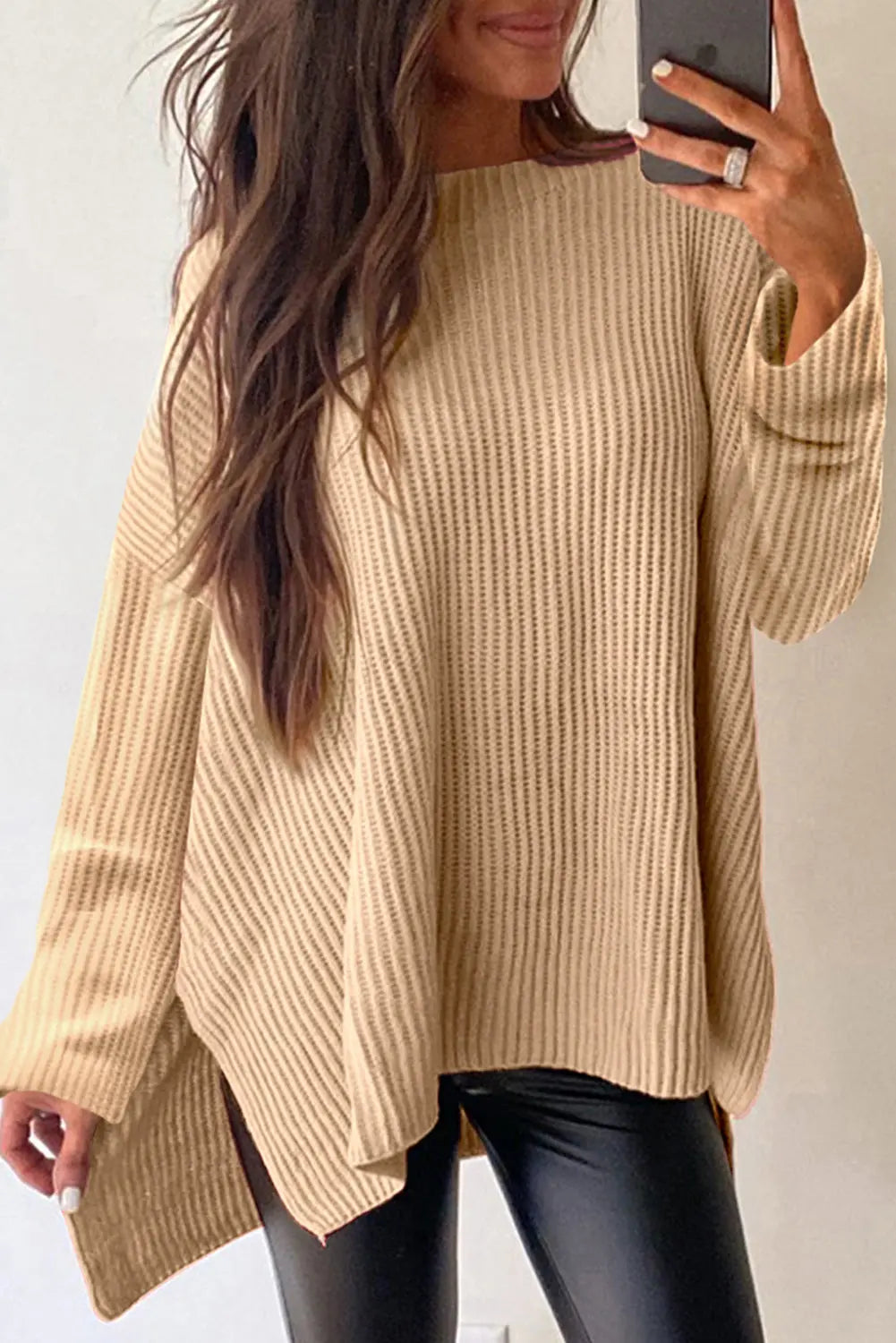 Apricot Cable Knit Drop Shoulder Side Slits Loose Sweater Dear-Lover Dropshipping