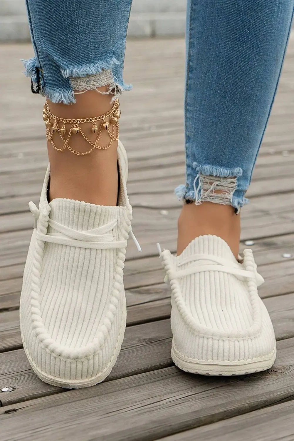 White Solid Ribbed Criss Cross Slip On Casual Shoes Markonline