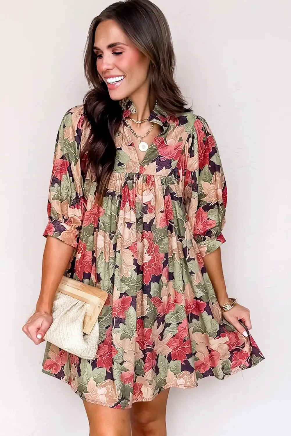Green Floral Print Frilled Collar V Neck Half Sleeve Mini Dress Markonline