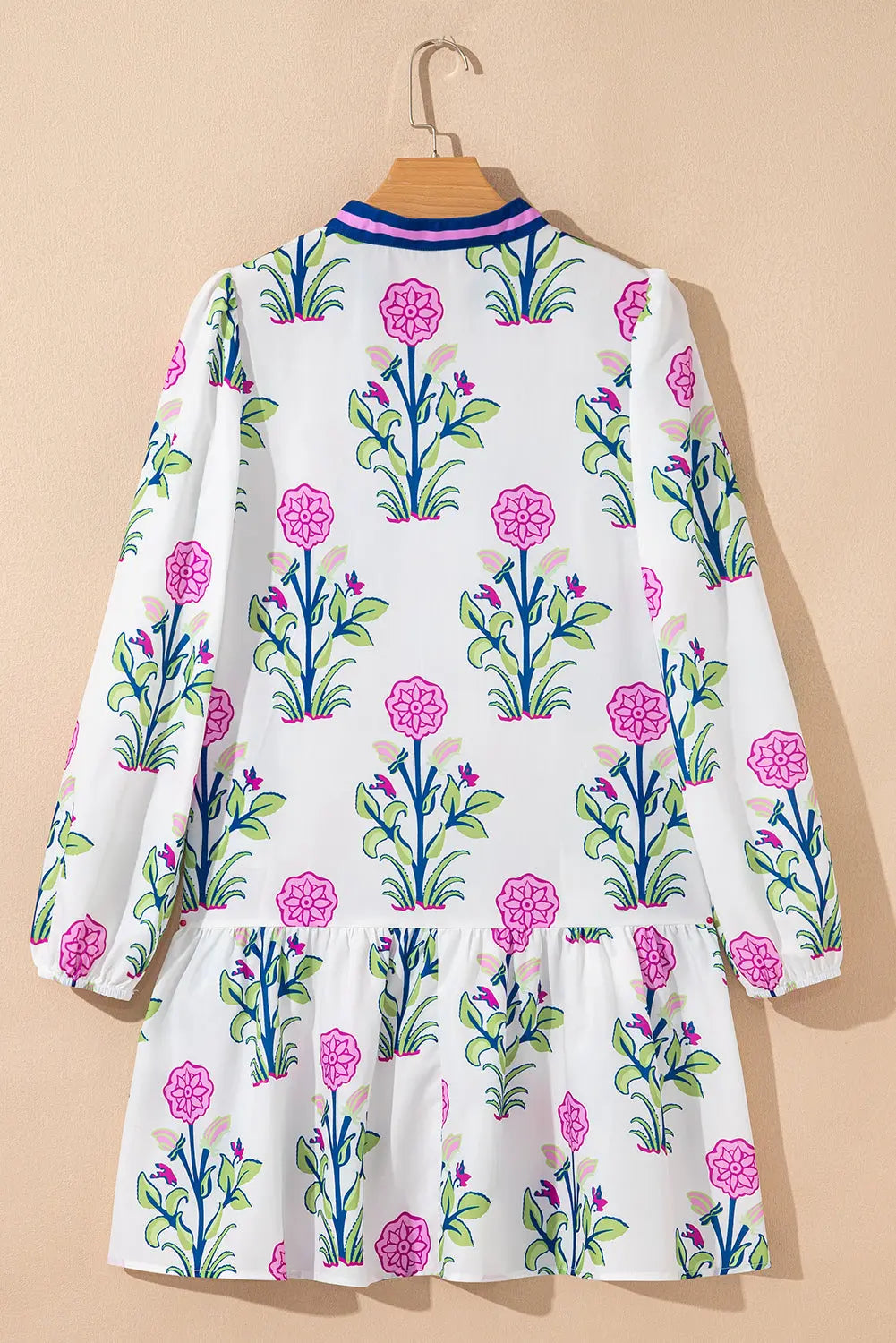 White Floral Print Contrast Striped Trim Notched Neck Long Sleeve Dress Markonline