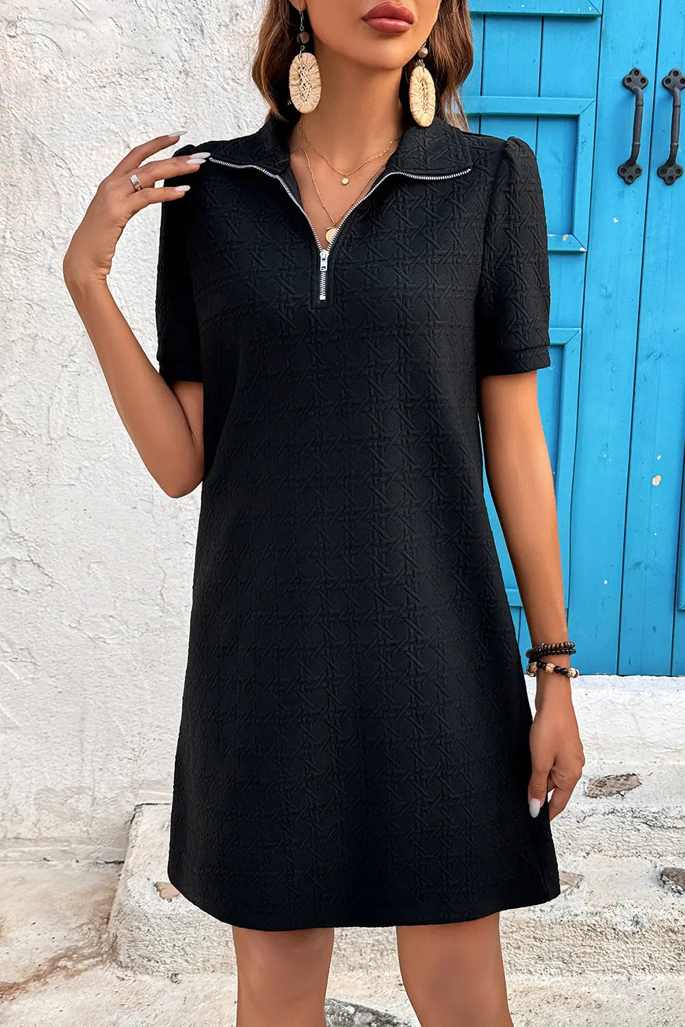Black Textured Zipped Collar Shift Polo T Shirt Dress Markonline