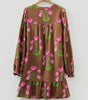 Brown Contrast Floral Print Babydoll Tunic Ruffled Hem Puff Sleeve Dress Markonline
