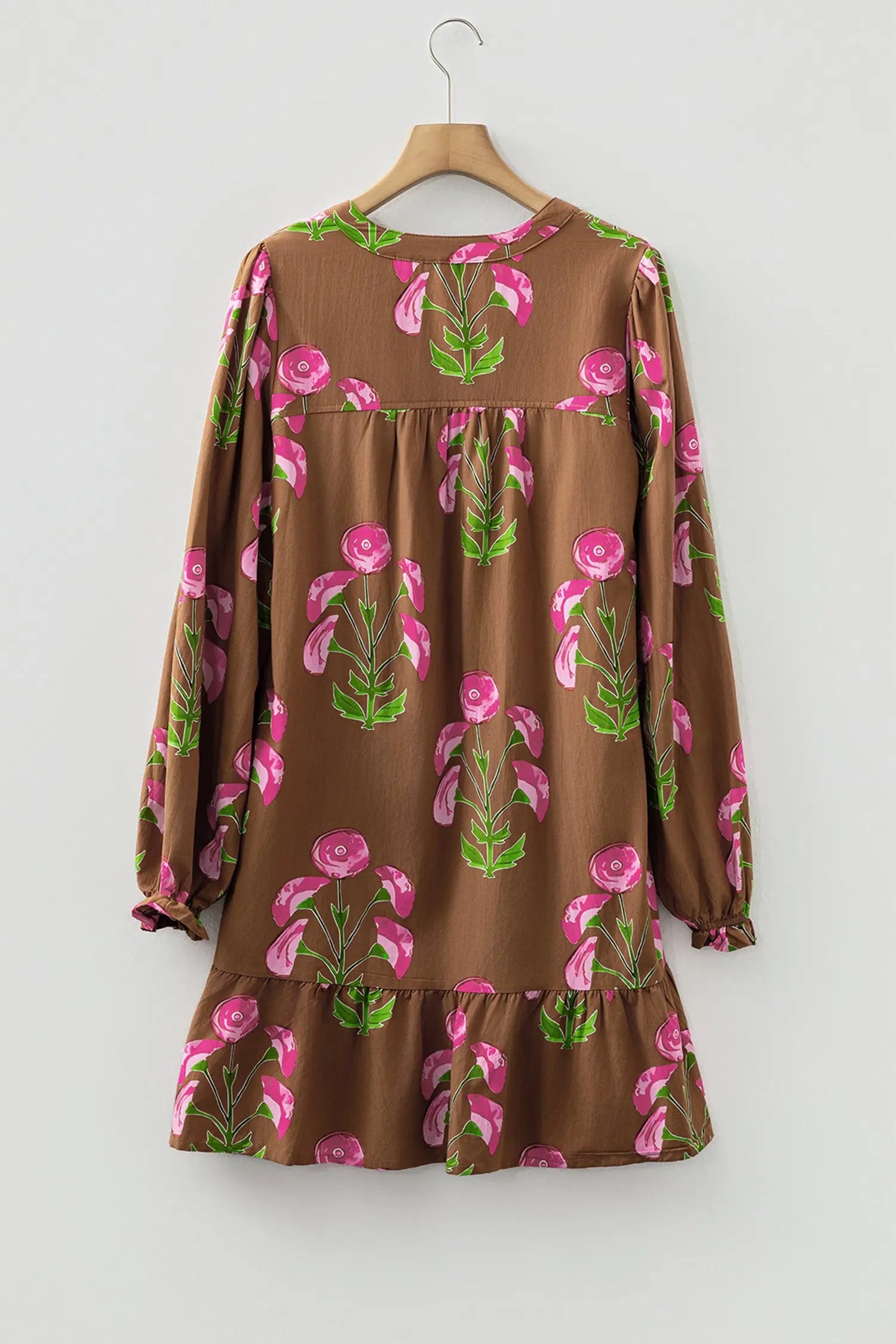 Brown Contrast Floral Print Babydoll Tunic Ruffled Hem Puff Sleeve Dress Markonline