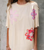 Apricot Flower Patched Exposed Stitching Trim Crew Neck Loose Tee Markonline