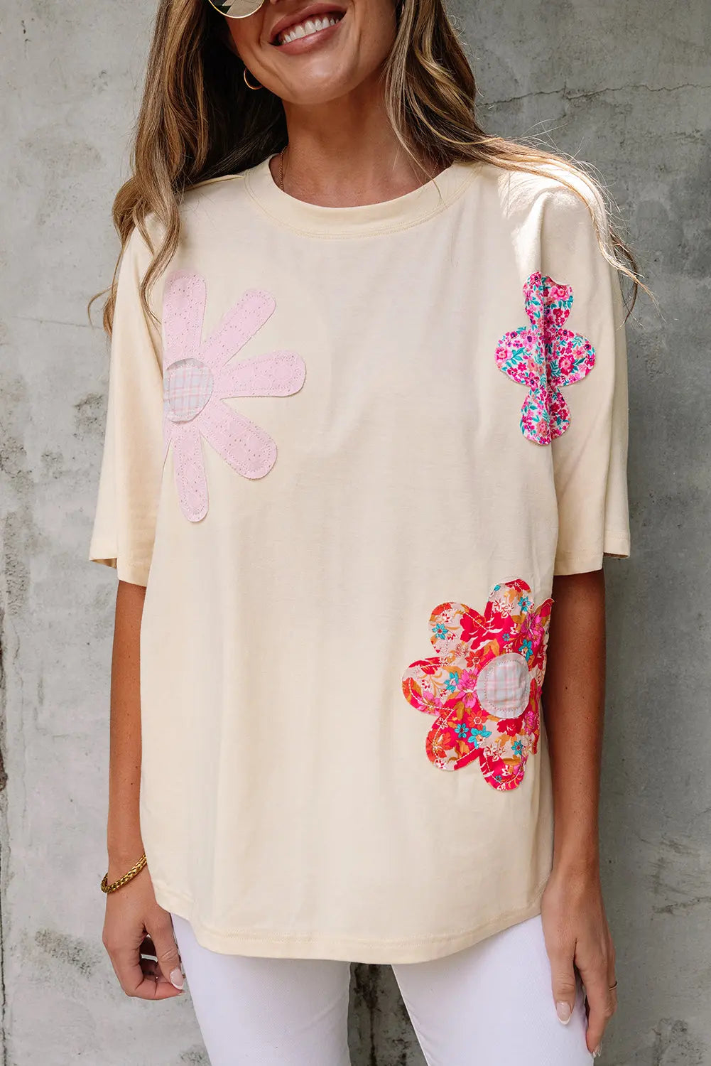 Apricot Flower Patched Exposed Stitching Trim Crew Neck Loose Tee Markonline