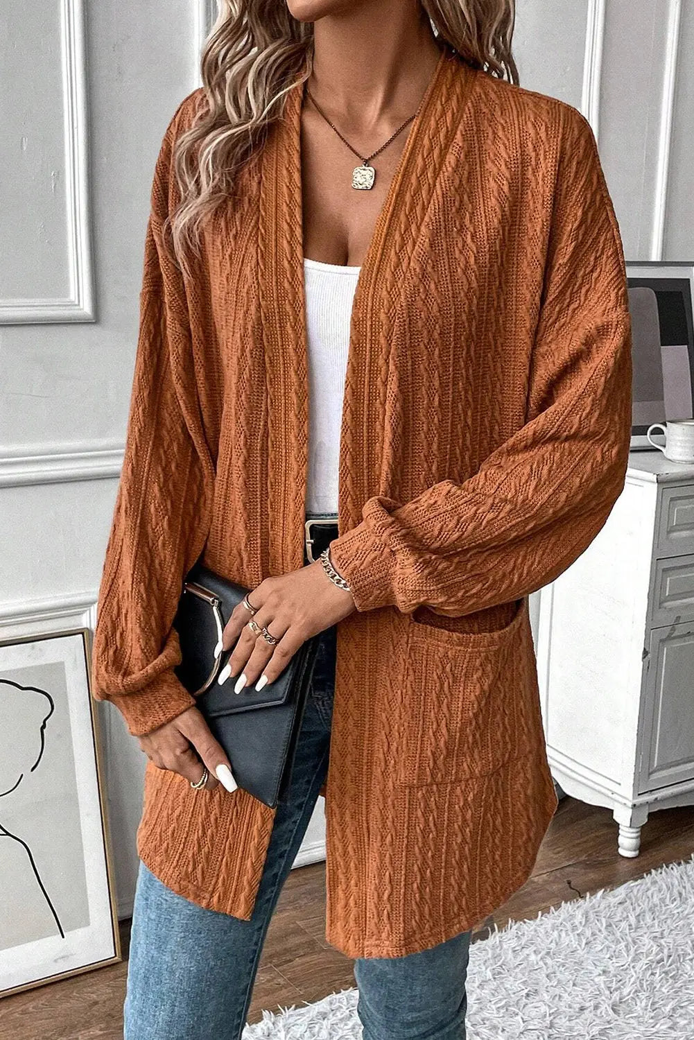 Chestnut Textured Knit Side Pockets Open Front Cardigan Dear-Lover Dropshipping