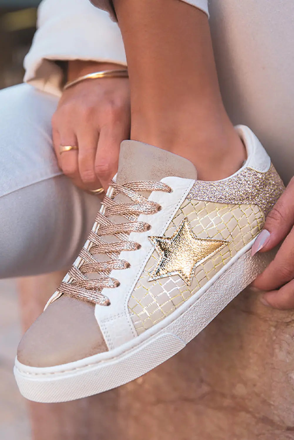 Dearlove Gold Glitter Star Patchwork PU Leather Lace-up Sneakers Markonline