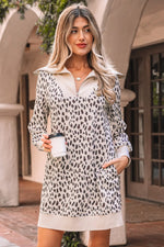 Khaki Leopard Print Zip up Collar Patchwork Shift Mini Dress Markonline