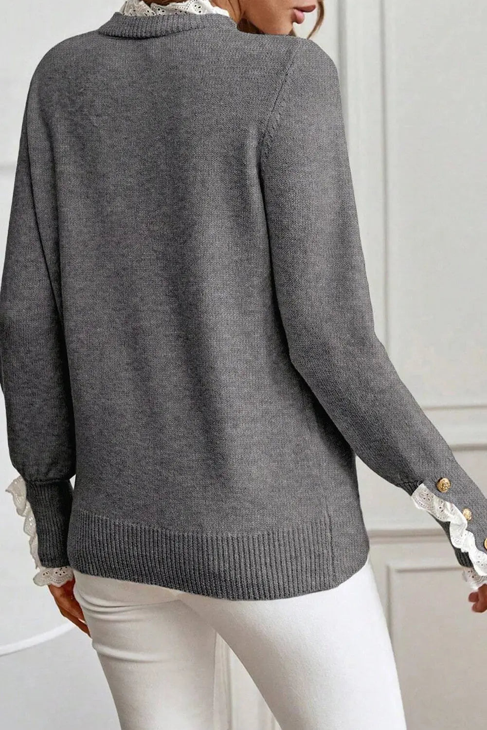 Sleet Lace Trim Patchwork Buttoned Cuffs Loose Sweater