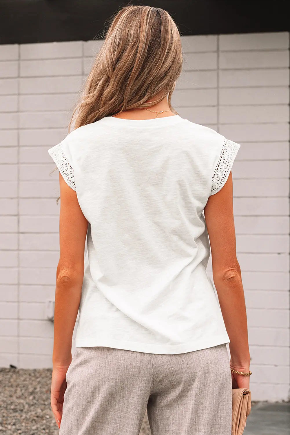 White Lace Patchwork Cap Sleeve Round Neck T Shirt Markonline