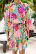 Green Multicolor Botanical Bubble Sleeve Mini Dress Markonline