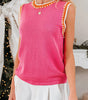 Bright Pink Contrast Trim Pearl Detail Sweater Tank Top Dear-Lover Dropshipping