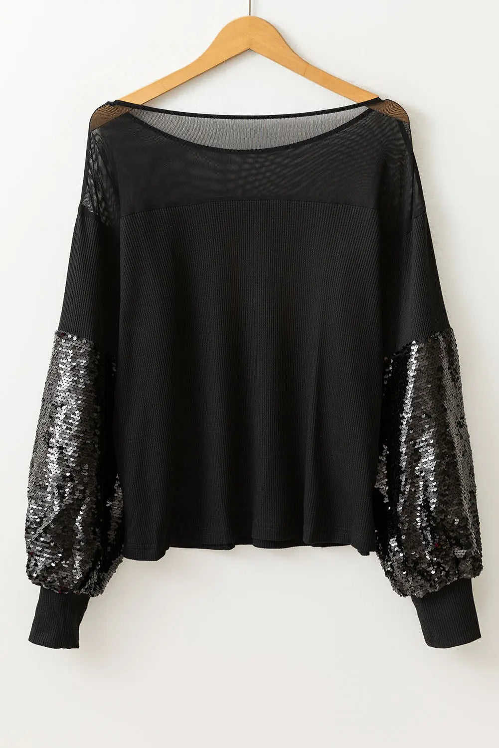 Black Sequin Patchwork Lantern Sleeve Blouse Dear-Lover Dropshipping